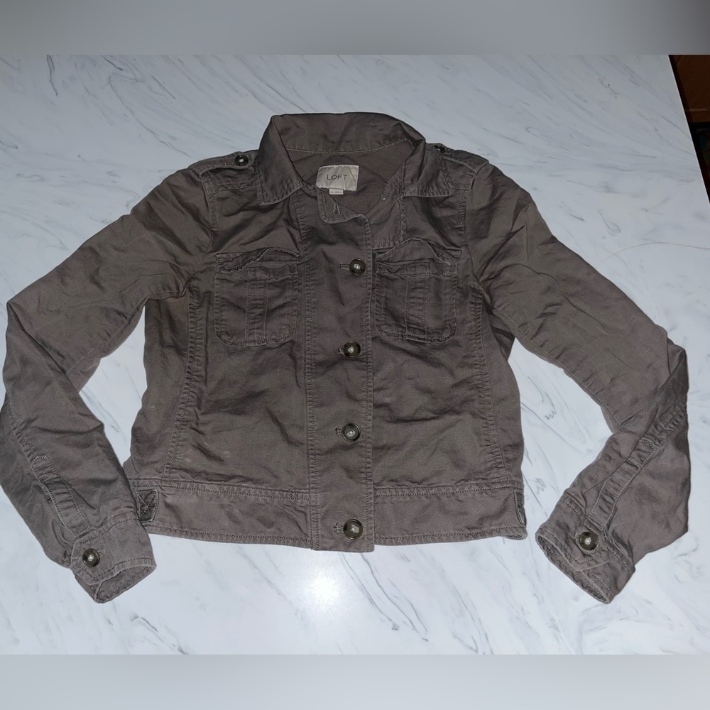 ANN TAYLOR LOFT Army Green Linen Cotton Blend Lightweight Cropped Jacket XS EUC